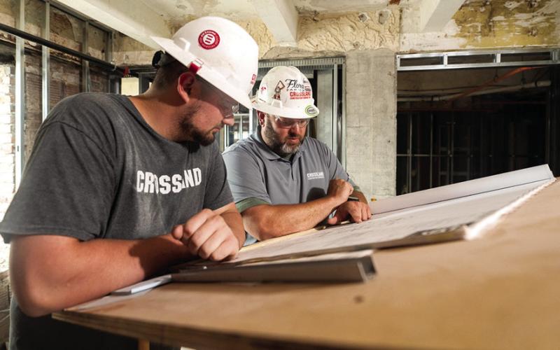 The football players are majoring in Construction Management at Pittsburg State University, and this summer they’re interns for Crossland Construction the contractor for the Hotel Besse project. Courtesy photo.
