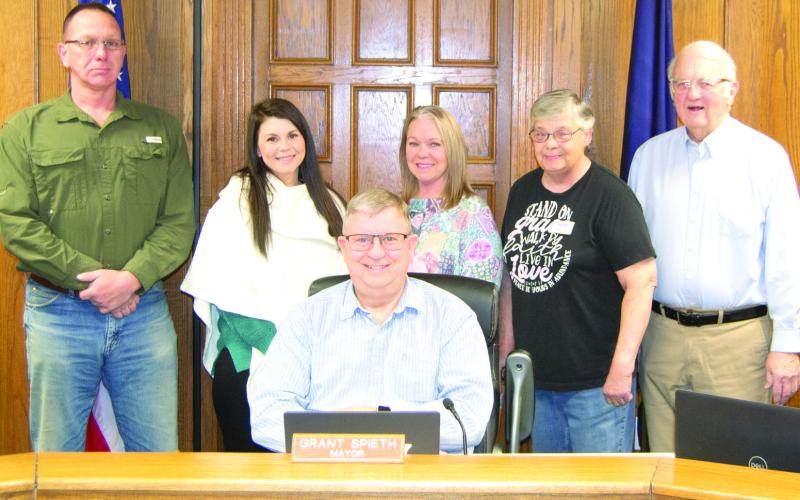 The first meeting of the year, called for new council members to be installed and the other members to be given new assignments. The five members of the council are Wally Sanders, Lindsay Shoemaker, Laura Epler, Kathy Doherty and Tom Pryor. They are standing behind Mayor Grant Spieth.