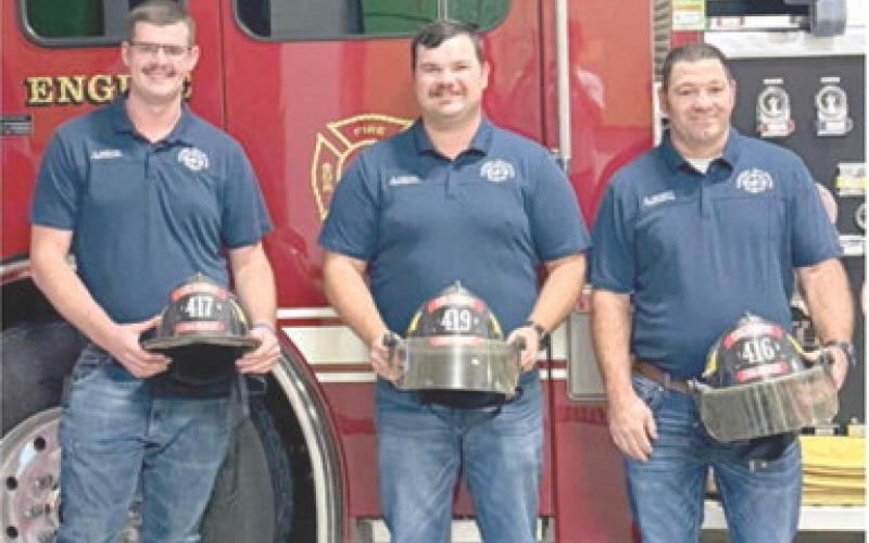 Columbus Fire Departmen recently celebrated a major milestone for Firefighters Bryan Midgett, Deven Foster and Hunter Burton, who successfully completed their nine-month probationary period and are now active members of the department. These three have devoted countless hours to training and growth. Photo courtesy Columbus Fire Department.