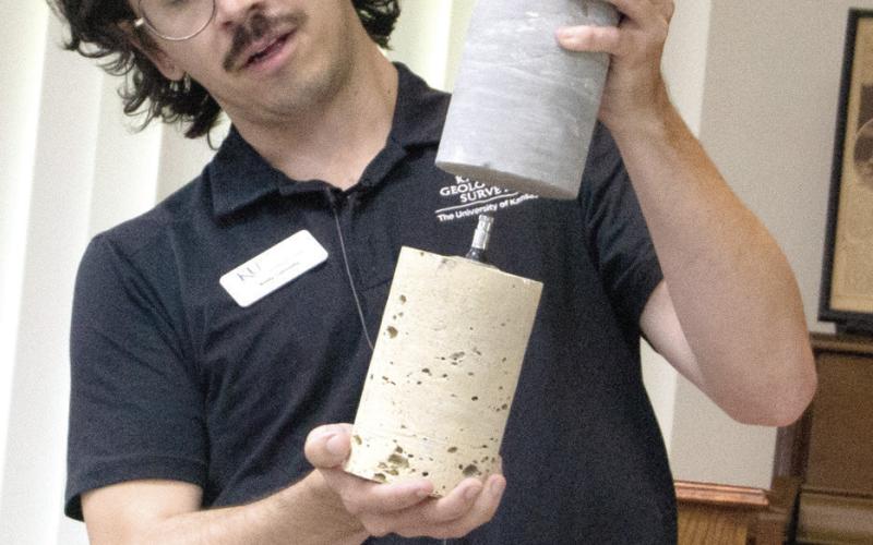Kansas University professor Andy Connelly discussed the early development of lead and zinc in the Tri-State Mining District. He explained how the layers of rock formations which led to a century of mining in Cherokee County.
