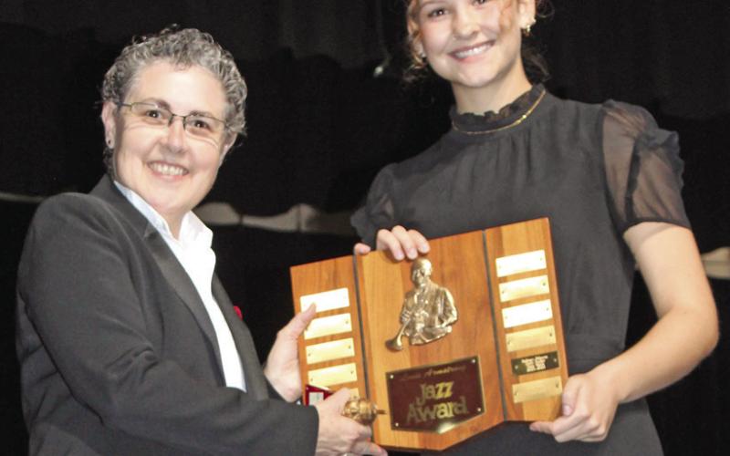 The prestigious Louis Armstrong Jazz Award was presented to Ruby Stover during the Columbus High School Titan Band Spring Concert May 4. Stover also received the award for Most Spirited. Band director Gae Phillips presented the awards.