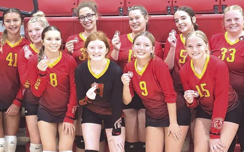The Lady Titan Junior Varsity Volleyball Team took second place at the Fort Scott JV Tournament, Saturday. The team will be in Galena tomorrow for a tournament beginning at 9 a.m. Team members are back row: Coach Sydnee Spear, Addi Wilson, Emma Parson, Destynne Goff, Marissa Lawson, Mikayla Freeman, and Madisen Rand. Front row: Morgan Duling, Kennedy Reichardt, Shea Carter, Landrey Perry, and McKenzie Richards, manager. Courtesy photo.
