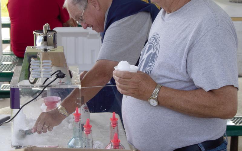 The Baxter Springs Kiwanis Club members were busy handing out snow cones and cotton candy to the crowd at “Light up the Sky” event Saturday evening before the fireworks at Kiwanis Park. Casey Roberts and Jim Day were busy serving the treats.