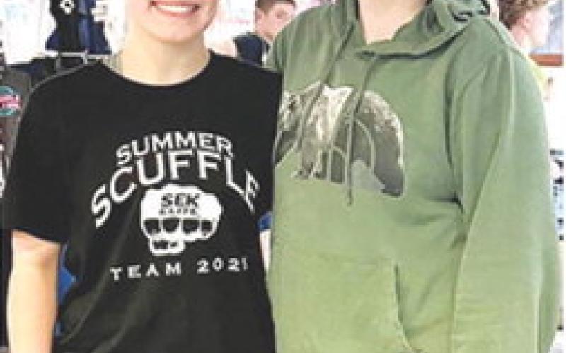 Brooklyn Collingsworth and Adalynn Hutto participated in the Summer Scuffle Dual Tournament at Gardner Egerton High School, over the weekend. Brooklyn had one loss and eight wins and Adalynn had a 3-7 record for the event. Brooklyn also attended the Purler Academy the first week of June and put in 35 hours on the mats. Courtesy photo.