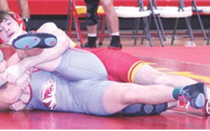 Mason O’Banion has the upper hand in one of his recent wins at the 2025 Columbus Duals Tournament, Saturday, at the CUHS Gymnasium. The junior, 2025 Kansas Class 4A State Runner-up, took first winning all six matches in the 190-pound weight class, three by fall, two decisions, and one major decision.
