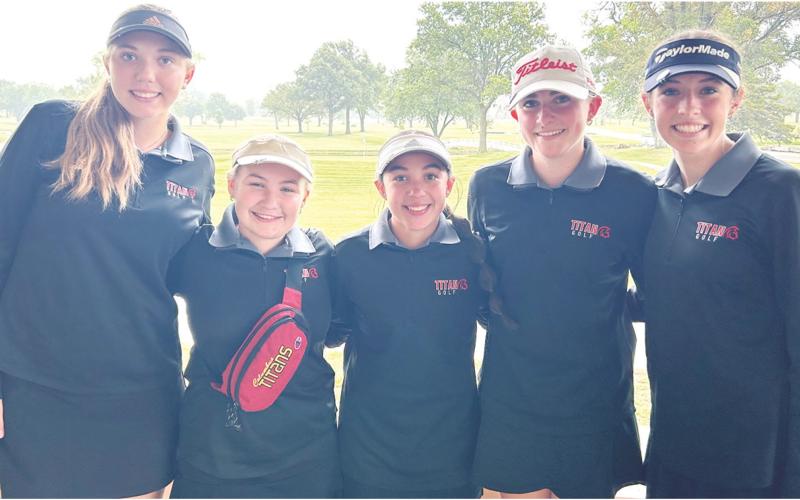 Members of the Lady Titan Golf Team placed third in the Chanute Invitational Tournament, Tuesday, behind St. Mary’s-Colgan and Caney Valley. Senior, Mallory Thompson, led the team with a third place finish. Team members are: Anna Head, Amory Neely, Hannah Noel, Thompson, and Natalie Wary. Courtesy photo.