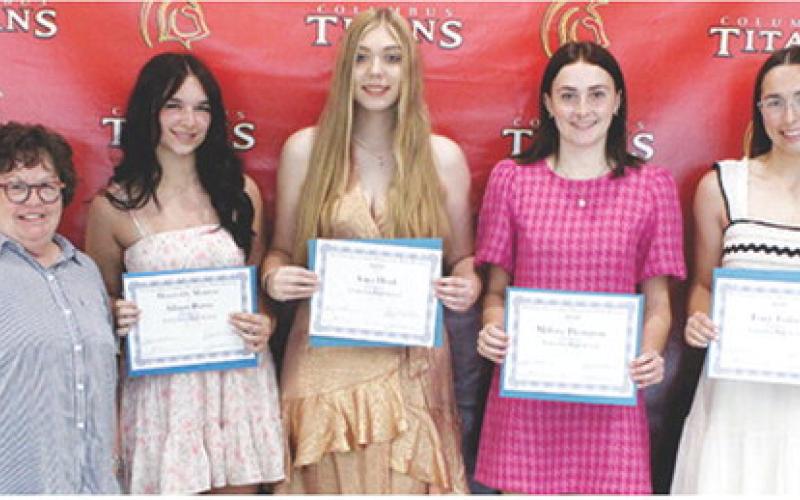 Members of the Senior Class receiving Cherokee County Democratic Party Scholarships are: Allison Burns, Honorable Mention; Anna Head, $250; Mallory Thompson, $100; and Torey Tedlock, $100. Scholarships were presented during the Senior Assembly, May 16, at the Columbus Unified High School Gymnasium by party representative, Janie Jarrett.