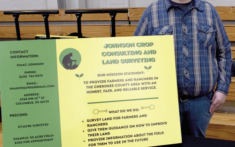 Columbus High School student Isaac Johnson presented his business, Johnson Crop Consulting and Land Surveying at the annual Cherokee County Youth Entrepreneurship Fair held March 5 in Baxter Springs. Johnson’s business will provide land surveying for farmers and ranchers and will give guidance on improving their land.