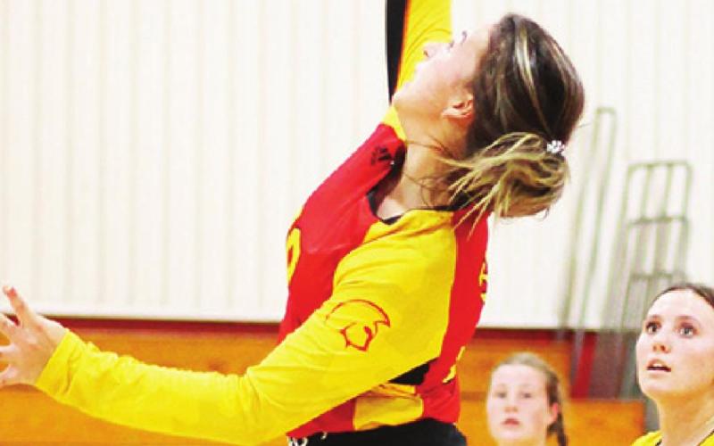 Jailyn Rodriguez, junior, returns the ball across the net as sophomores, Taryn Billings and Kaitlyn Simpson look on. The team scrimmaged prior to the annual Titan Booster Club’s Meet the Titans Night, August 24 in the CUHS Gymnasium.