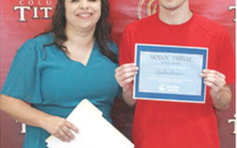 Lydon Lovesee received the MODOC Tribal Scholarship in the amount of $76,000 during the Columbus Unified High School Senior Assembly, May 16, at the CUHS Gymnasium. The scholarship was presented by Laura Boeckman, USD 493 Instructor.