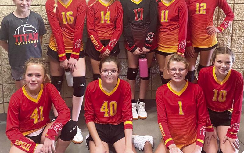 The Seventh Grade Lady Titan Volleyball Team played three matches in the Galena Seventh Grade Volleyball Tournament, Saturday. Team members and their mini manager are back row: Ali Walters, Kensley Blackledge, Kodi Jo Davis, Emma Parsons, Americus Woodcock, and Addilyn Wilson. Front row: Hannah Major, Madison Duling, Reese Carter, and Morgan Duling. Courtesy Photo.