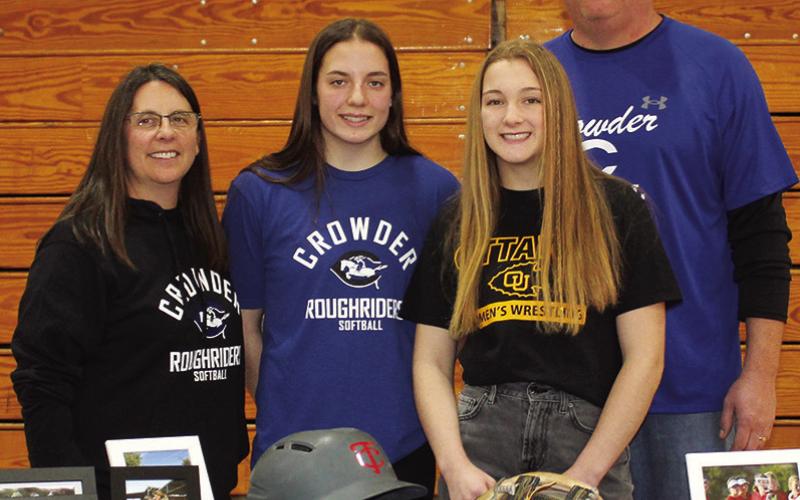 Lady Titan Senior Aubree Saporito, signed a National Letter of Intent to continue her softball career with the Crowder Lady Roughriders. In recognition of National Signing Day, the first Wednesday of February, a ceremony was held Monday at the CUHS Gymnasium for seven Titans extending their careers to the college level. Aubree’s signing was witnessed her parents, Aimee and Chad Saporito and sister Addison Saporito.