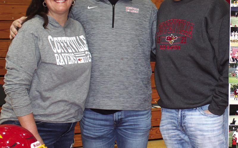 Titan Senior Brett Hamilton, signed a National Letter of Intent to continue his football career with the Coffeyville Red Ravens. In recognition of National Signing Day, the first Wednesday of February, a ceremony was held Monday at the CUHS Gymnasium for seven Titans extending their careers to the college level. Brett’s signing was witnessed by his parents, Courtney and Donny Hamilton.