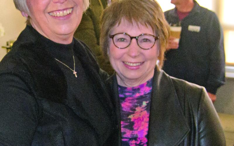 Mary Burke is greeted by former Mercy Hospital Administrator Cindy Neely during the reception. The two ladies worked together for over 30 years at the then Maude Norton Hospital.