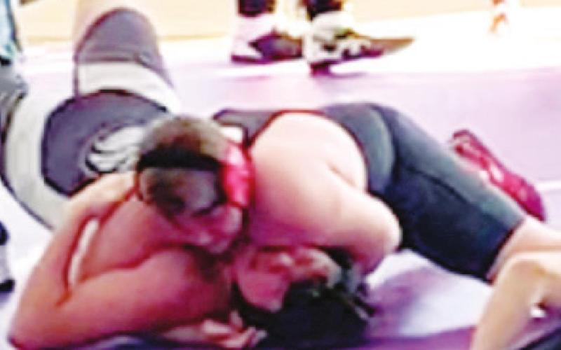 Kash Smith, won the 12U, 190-215, title at the 13th Annual Frontenac Brawl, Sunday. Kash had two pins including this one against William Bishop, Girard Matside Wrestling Acade, in the championship during the morning session of the tournament in Frontenac. Courtesy Photo.