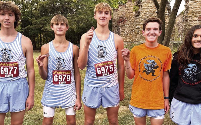 The Southeast High School Cross Country Boys Team placed third in the Girard Invitational Meet, September 12, at the Greenbush Course. Team members are: Michael Smith, Tucker Sutton, Zayne Gabern, Hudson Locke, and Zack Whittenburg. Photo by Julie Jones.