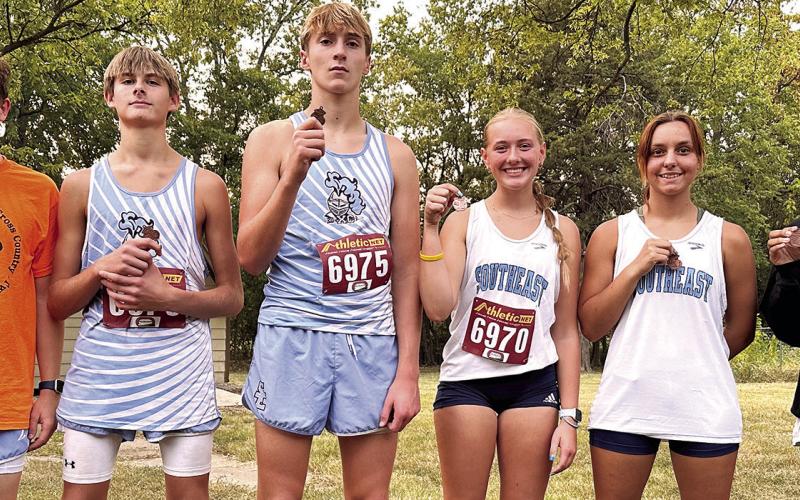 Individual Medalists for the Southeast Lancers Cross Country Team at the Girard Invitational Meet, September 12, are: Hudson Locke, tenth place varsity, Tucker Sutton, 12th place varsity, Zayne Gabern, ninth place varsity, Kendyl Renn, sixth place varsity; Jackie Robinson, fourth place junior varsity, Journee Rimmer, 17th place varsity. Photo by Julie Jones.