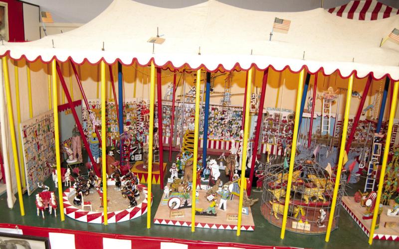This ½ inch to one foot scale model of the Ringling Brothers Barnum and Bailey Circus was given to the Joplin Museum by the builders Columbus native Ned and Helen Aitchison. The circus was hand carved and painted by the couple.