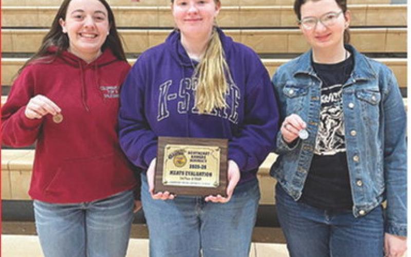 The Meats Evaluation team of Ava Allison, Addison Cook, and Britni Rooney placed third. Britni placed fourth, Ava placed 10th, and Addison placed 16th individually at the Southeast Kansas District contest in Eureka, Courtesy photo.