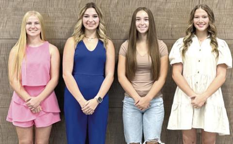 Candidates for Riverton High School Homecoming Queen include left to right freshman Becca Webb, sophomore Geneva Shepherd, junior Ava Price and senior Landyn Martin. The queen will crowned at 6:30 p.m. during the Riverton football game against Cherryvale Friday, October 4. Courtesy photo.