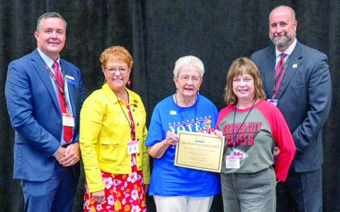 Brenda Barrett, President was presented the Gold Award for the Columbus Mercy Auxiliary at the Hospital Volunteers of Kansas State (HVK) Convention in Wichita September 4. This is the highest award that can be attained by Auxiliary Chapters. Left to right: Chad Austin, KHA President and CEO. Shirley Van Leonen, HVK President. Nancy Horn, HVK, District 2 Coordinator. Brenda Barrett, Columbus Mercy Auxiliary President. George Stover, 2025 KHA Board Chair. Courtesy photo.