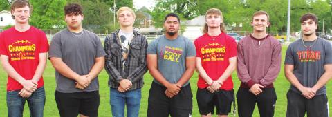 2020-21 Titan Football Seniors were recognized and awards were handed out during the Titan Booster Club Awards Ceremony at Titan Stadium. Mike Thomas, Caleb Murillo, Sylas Stone, Hector Fontanez, Lynn Shallenburger, Landon Proffitt and Raef Gonzalez were present for May 5 event. Gabe Parker not pictured.