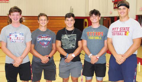 Senior members of the 2021 Columbus Titan Football Team were introduced at the Titan Booster Club’s Meet the Titans Night at the CUHS Gymnasium, Monday. Returning for their final campaign in Titan gear are Nathan Stice, Trent Smith, Gabe Martin, Jaxson Haraughty, and Kody Schalk.