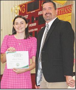 Senior, Mallory Thompson, was selected as the Kansas Governor’s Scholar for Unified School District 493 for exemplary academic achievements. The award was presented by Columbus Unified High School Principal, Dan Grundy, during the 2025 Senior Assembly, May 18, at the CUHS Gymnasium.
