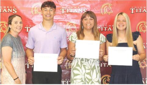 Three seniors were awarded the Callie Henson Scholarship the amount of $500 each from Henson Family friend, Ryan Lacen, during the May 15, Columbus Unified High School Senior Assembly at the high school gym. Jayden Rodriguez, Mackenzie Richards and Morgan Richards were the recipients.