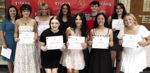 Members of the Senior Class receiving Titan Cafe Scholarships are front row: Meredith Wagner, $350; Allison Burns, $650; Katy Mooney, $650; and Emily Britt, $350. Back row: presenter, Laura Boeckman, CUHS Instructor/Presenter; Emma Duling, $350; Kenadie Carter, $650; Brylie Johnson, $650; Jaiden Gannaway $650; and Savannah Beaty, $350. Scholarships were presented during the Senior Assembly, May 16, at the Columbus Unified High School Gymnasium.