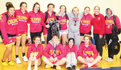 The Lady Titan Wrestling Team placed third a the Bentonville West Tournament, Friday, to close out their pre-Christmas break schedule. Columbus scored 76 team points to place third behind two Arkansas power house schools, Searcy and Fayetteville. Team members are back row: Destiny Lima, Aubree Saporito, Madelyn Garcia, Jailyn Rodguiez, Emily Britt, Taryn Billings, Manager, Suzanne Crowe, and Brooklyn Lima. Front row: Sophie Lloyd, Emily Welch, Grace Noel, and Harley Long. Photo by Crystal Welch.