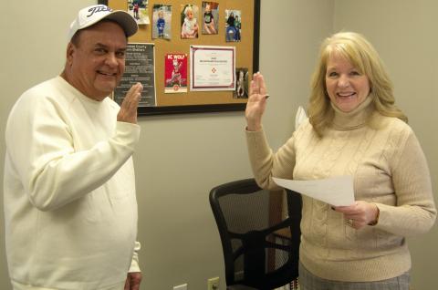 Newly elected Steve Dunlap was sworn into his fourth ward council seat by City Clerk Ruth Hutley. Dunlap was elected by write-in as no candidate filed for the seat. He will be take the seat at the Monday evening meeting.