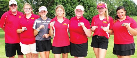The Columbus Lady Titan Golf Team placed second at the Columbus Invitational held at the Brush Creek Golf Course, Thursday. In addition to the second place team finish, sophomore, Reese Grundy placed sixth to medal with a 51 on the nine-hole course and freshman, Mallory Thompson played tenth after winning a tie breaker, shooting 60 on the day. Team members are: Coach Ernie Vaughn, Alyvia Soper, Mallory Thompson, Kenlyn Christiansen, Hannah Daniels, Reese Grundy and Destiny Lima.