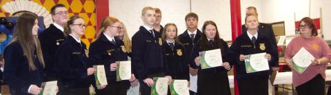 This year there were 15 members of the Columbus FFA receiving the Greenhand Degree for which they were presented a certificate along with a bronze pin which symbolizes strength and durability. This year’s recipients are Kaden Crafton, Kaden Thiele, Addison Cook, Grace Eshelman, Elle Thompson, Isaac Johnson, Alex Thomas, Madalyn Coons, Kenzie McCormick, Breanna Wiseman, Chase Pelt, Alex Welch, Madison Duling, RuthAnn Reynolds and Izabel Manus