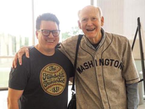 Film maker Aaron Thompson with Hank Thomas, grandson of baseball legend Walter Johnson, during a screening event at the Bicknell Family Center for the Arts. Johnson pitched for the Washington Senators in the early 1900’s. He is best known for his duels with another legend, Babe Ruth. Courtesy photo.