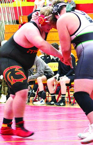 Titan Senior, Jake Eddington, opens his match with Van Buren’s Ethan Hurst. Jake won the match by fall, one of his five wins in the Titans Five-Team Duals held December 17 at the CUHS Gym.