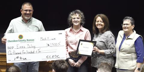 Columbus High School senior, Emma Duling was the top prize winner in the Cherokee County Youth Entrepreneurship Challenge held Thursday at Galena High School Auditorium. Duling’s project Twisted E Leather won the challenge over 27 entries in the challenge. Duling will be eligible to compete in the state contest later this year. She is receiving her $1,500 first prize from Shawn Carter, Donna Westervelt and Teri Feagan all of Labette Bank, a sponsor of the event. A complete list of winners and projects will 