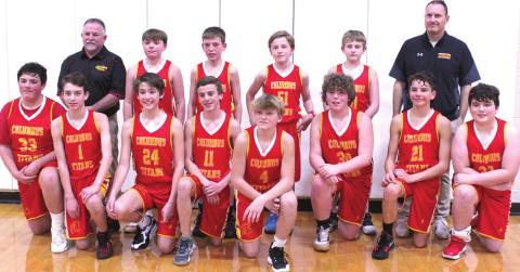 The Central Junior High Titan Seventh Grade Basketball Team placed fifth in the final CCCJL Tournament, Monday in Baxter Springs. The Titans took wins over Galena and Frontenac in the consolation bracket to earn the fifth place distinction. Team members and coaches are front row: Brody Matson, Braxtyn Brown, Kooper Saiz, Levi Simpson, Dane Merrick, Jacob Zook, Drake Laurance, and Cohen Rogers. Back row: Coach Mick Tedlock, Ethan Midgett, Carter Woodcock, Brayden Green, Kolton Delmont, and Coach Aaron Rider.