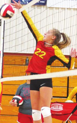 Lady Titan Sophomore, Harley Long, makes a play on the ball during the team scrimmage, Monday night prior to Meet the Titans at the CUHS Gym.