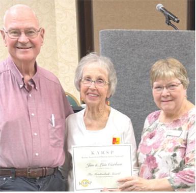 Lois and Jim Carlson, Erie, were recently recognized for their many hours of volunteer service in several community organizations over the past several years, at the 73rd Annual Kansas Association of Retired School Personnel Convention in Junction City. Presenting the award certificate was Kay Sewell, State Community Service Officer. They are members of the Chanute Area chapter of KARSP. Courtesy photo.