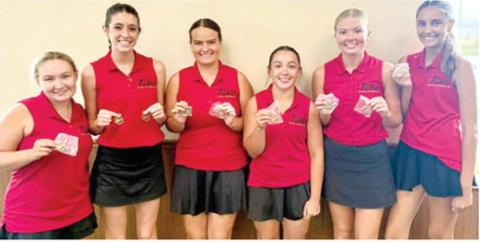 The Columbus Lady Titan Golf Team earned their third team win of the season at the Chanute Invitational, Monday, at the Stone Creek Golf Course. Columbus had a four-man total of 373 in the win. Team members are Amory Neely, Natalie Wary, Fallon Smiley, Hannah Noel, Cali Carpino, and Addison Johnson. Courtesy photo.