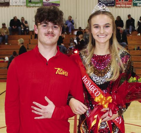 Senior, Maddie Buergin, was crowned the Columbus Unified High School 2023 Winter Homecoming Queen at the coronation ceremony, Friday, during halftime of the Titan Varsity win over Frontenac, 63-61. Maddie, a member of the Lady Titan Basketball Team, was escorted by Titan Basketball Senior, Jaspen Tanner.