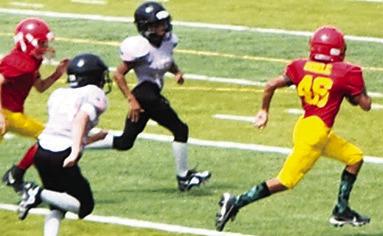 Titan, Jayden Dohle, opened the seventh grade season with a 40-yard touchdown run on the first play, of the first possession of the season in the Titans 30-0 shut out in Independence, Saturday. Jayden also scored the second touchdown on a 15-yard dash. Columbus will host Pittsburg tomorrow. Courtesy Photo.