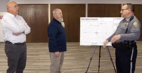 A public open house to discuss safe streets for all was held Thursday afternoon in the Extension Office meeting room. The meeting was held to gain information on the most dangerous place to drive in the county. Shawn Turner, with Trans-Systems, is discussing those areas with Cherokee County Sheriff Brian Henderson.