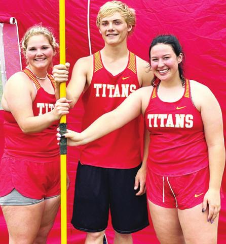 Three Senior Titan Javelin Throwers earned a trip to the Kansas Class 3A State Track and Field Meet with their placings at the 3A Regional Meet in Fredonia, Friday. Bailey Monroe threw for first and a regional champion title, Sylas Stone and Paige Zahm placed third and fourth respectively and will be traveling to Wichita, Thursday for the Friday KSHSAA State Meet. Courtesy photo.