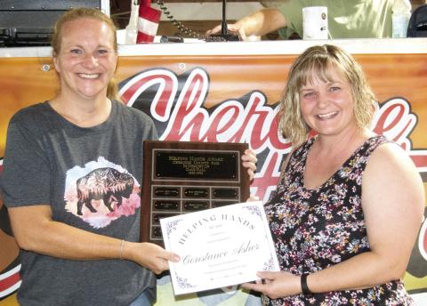 The 2023 Dale Hall Helping Hand Award was presented to Constance Asher recognizing her going the extra mile for the Cherokee County Fair. Serving on the Extension Board and personally increasing the poultry project through her leadership. The traveling plaque was presented by Crystal Alford.