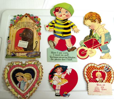 Valentine cards have an interesting history. The earliest known card was sent by the Duke of Orleans to his wife in 1415. He was a prisoner in the Tower of London at the time. While these cards are not quite that old, they are antique and can be seen at the Columbus Museum. The cards in the bottom right photo are 3-D and made with tissue paper.