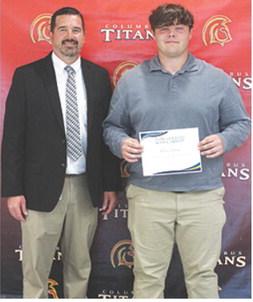 Carter Henry received the Tom Goettel Scholarship during the 2025 Senior Assembly held at the Columbus Unified High School Gymnasium, May 16. CUHS Principal and incoming USD493 Superintendent, Dan Grundy presented the scholarship.