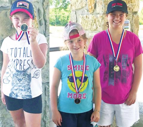 Three Smiley Sisters earned three medals, two first place and one fourth at the SEK Junior Golf Tournament in Coffeyville, Tuesday. Alaina placed first in the 7-8 year-old girls division. Lyndee placed fourth behind Fallon who was the top medalist in the girl’s 9-11 age division. Courtesy Photos.