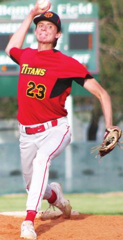 Titan Junior, Kolt Ungeheuer, threw 17 pitches, in a perfect game win over Galena, 17-0, Tuesday, at Bomber Field in the Community Field Ball Park. Columbus won game two, 6-2, for the CNC League sweep.